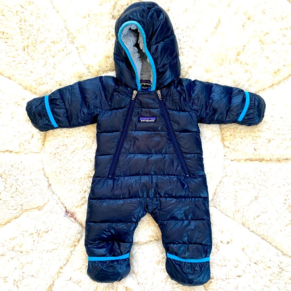 Patagonia Navy Blue Puffer One-Piece Snowsuit with Light Blue Trim